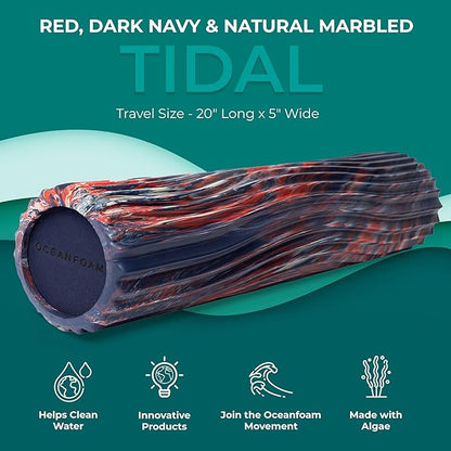 Oceanfoam Tidal Roller - Red, Dark Navy & Natural Marbled - Muscle Massage Foam Roller for Back Pain & Stretching - Firm & Ergonomic Wide Wave Textured - Yoga, Athletics, Wellness - Full Size 20" x 5"