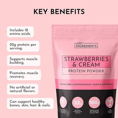 JUST INGREDIENTS Strawberries & Cream Protein Powder ??20-Serving Blend with 100% Grass-Fed Whey & Organic Plant Proteins ??Real Strawberry Flavor ??Supports Muscle Recovery, Energy*