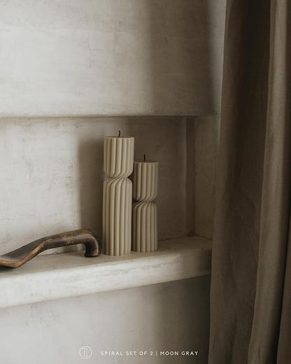 LAWA Spiral Spire Candle - Large Beautiful Handmade Pillar Scented Soy Wax Elegant Bubble Aesthetic Candle Housewarming Gift Home Room Shelf Decor Idea White (Set of 2, Moon Gray)