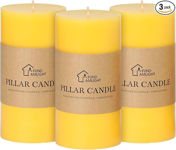 3x6 Inch Yellow Pillar Candles Set of 3 - Decorative Unscented Pillar Candles, Long Burning Dripless Candles for Table Decor, Smokeless Large Pillar Candles for Wedding, Dinner, Rustic Home Decor