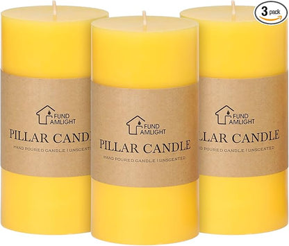 3x6 Inch Yellow Pillar Candles Set of 3 - Decorative Unscented Pillar Candles, Long Burning Dripless Candles for Table Decor, Smokeless Large Pillar Candles for Wedding, Dinner, Rustic Home Decor