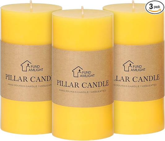 3x6 Inch Yellow Pillar Candles Set of 3 - Decorative Unscented Pillar Candles, Long Burning Dripless Candles for Table Decor, Smokeless Large Pillar Candles for Wedding, Dinner, Rustic Home Decor