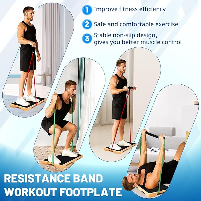 Leinuosen Resistance Band Workout Footplate Wood Fitness Board, Exercise Platform with Non-Slip Surface for Band Training Stretching, Strength, Flexibility and Balance for Total Body Home Gym