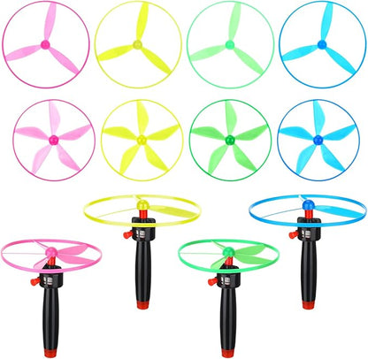 12 Pcs Flying Saucer Flying Disc Toy Helicopter Toy Disco Flyers Include 4 String Launchers and 8 Flying Saucer Flying Disc Launcher Flying Toys Little Teens Outdoor Activity Birthday Favors