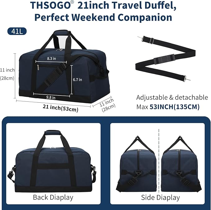 21 inch Gym Bag for Men - 40L Travel Duffel Bag Sport Duffle Bags for Weekend Overnight with Bottom Support (Navy Blue)