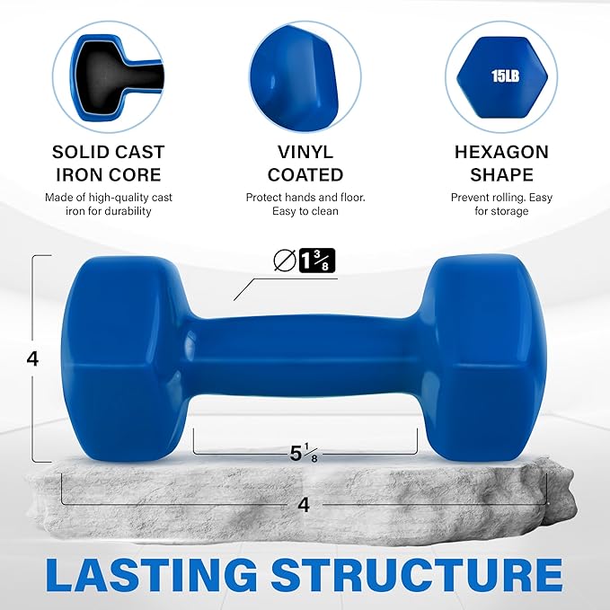 Yes4All Vinyl Hexagon Dumbbell - Dumbbells Set of 2 Hand Weights for Home Gym & Strength Training (2-15 lbs Weight Options)