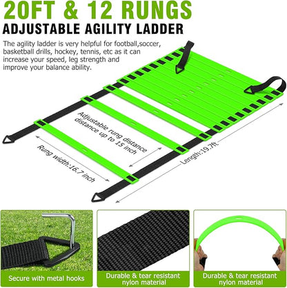 Speed and Agility Training Equipment: 5 Adjustable Agility Hurdles. 20ft Agility Ladder, Soccer Training Equipment Set for Kids Youth Adults