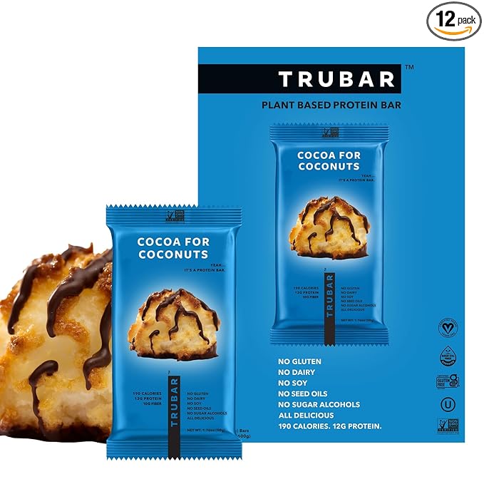 TRUBAR Vegan Protein Bar, Cocoa For Coconuts, Gluten Free, Plant Based Protein, Dairy Free, Non GMO, Soy Free, No Sugar Alcohols, 12G Protein, 12G Fiber, 23G Carb, On the Go Snack Bars, 12ct