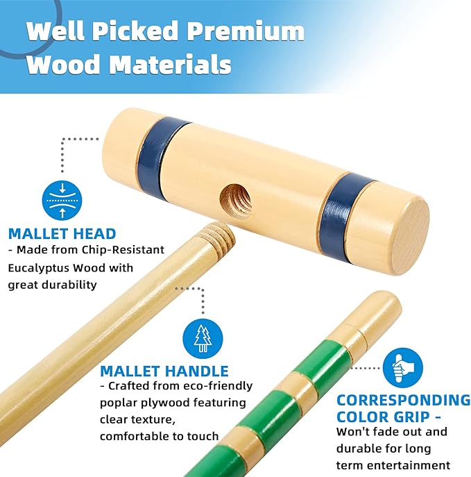28In Croquet Party Set for 8 Players - Made of Long-Lasting Pine Wood, Family Fun for Backyards, Camping and More, Comes with Colorful Mallets, PE Balls, Wickets, Stakes, and Carrying Bag