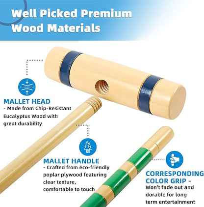 28In Croquet Party Set for 8 Players - Made of Long-Lasting Pine Wood, Family Fun for Backyards, Camping and More, Comes with Colorful Mallets, PE Balls, Wickets, Stakes, and Carrying Bag