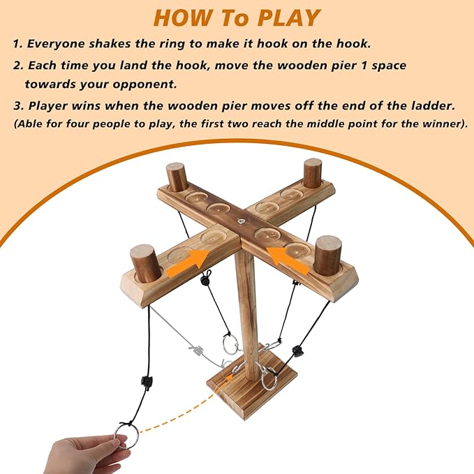 4 Player Hook and Ring Toss Battle Game - Handmade Wooden Loop Throwing Hooks for Adults, Fast-Paced Interactive Home Party Game