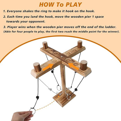 4 Player Hook and Ring Toss Battle Game - Handmade Wooden Loop Throwing Hooks for Adults, Fast-Paced Interactive Home Party Game