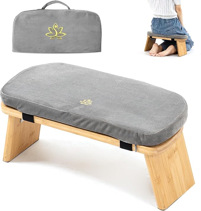 Meditation Bench, Bamboo Meditation Stool, Folding Kneeling Meditation Bench, Seiza Prayer Bench, Prayer Bench with Meditation Cushion, Kneeling Stool (Grey & Bag)
