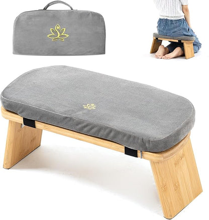 Meditation Bench, Bamboo Meditation Stool, Folding Kneeling Meditation Bench, Seiza Prayer Bench, Prayer Bench with Meditation Cushion, Kneeling Stool (Grey & Bag)