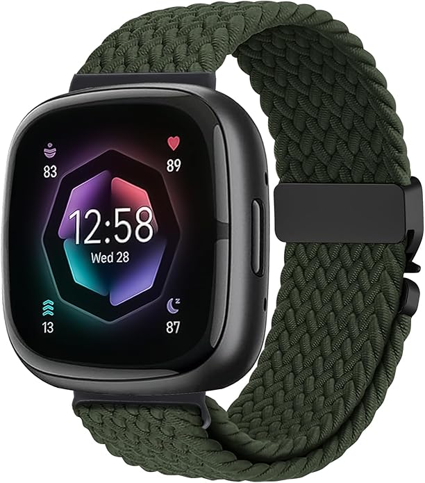 Braided Stretchy Band for Fitbit Versa 4/Versa 3/Sense 2/Sense Watch Band Women Men,Parachute-style Buckle Nylon Sport Wristband Soft Fabric Elastic Loop Strap Accessories for Versa 4/3