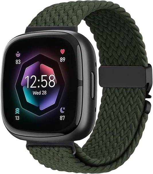 Braided Stretchy Band for Fitbit Versa 4/Versa 3/Sense 2/Sense Watch Band Women Men,Parachute-style Buckle Nylon Sport Wristband Soft Fabric Elastic Loop Strap Accessories for Versa 4/3