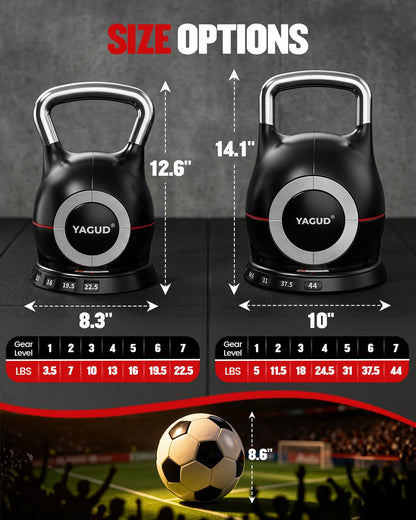 Yagud Adjustable Kettlebell for Strength Training, Quick-Change 5-44lbs Kettle Bells Weights Set