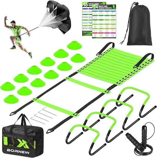 Soccer Training Equipment, Agility Speed Training Set with 20ft Speed Ladder, 12 Cones, 4 Adjustable Hurdles, Jump Rope, Parachute | Ideal for Basketball, Football Practise, for Kids, Youth, Adults