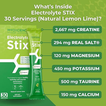 MYOXCIENCE Electrolyte STIX | Creatine Electrolyte Powder | Recovery from Exercise & Muscle Development w/Real Salt (Lemon Lime Flavor) (Stix 30 ct)