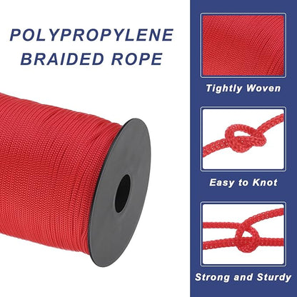 MECCANIXITY 1/8 Inch Polypropylene Rope Braided Ropes, 328ft Nylon Rope Hollow Utility Cord for Clothesline, Camping, Hiking, Outdoor, Red
