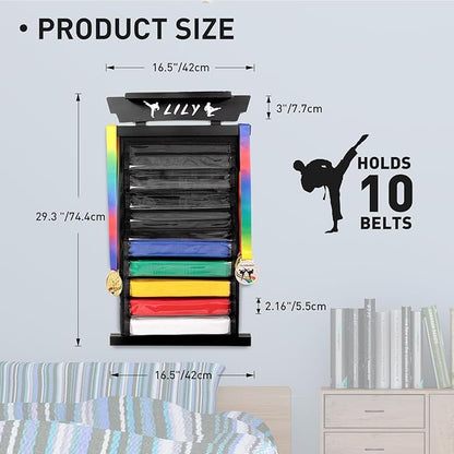 Tilhumt 12/10 Belts Karate Belt Display Rack with Stickers, Taekwondo Belt Display with Trophy/Photo Rack, Felt Dustproof Design, Easy to Put in Belt, Martial Arts Belt Display for Adults