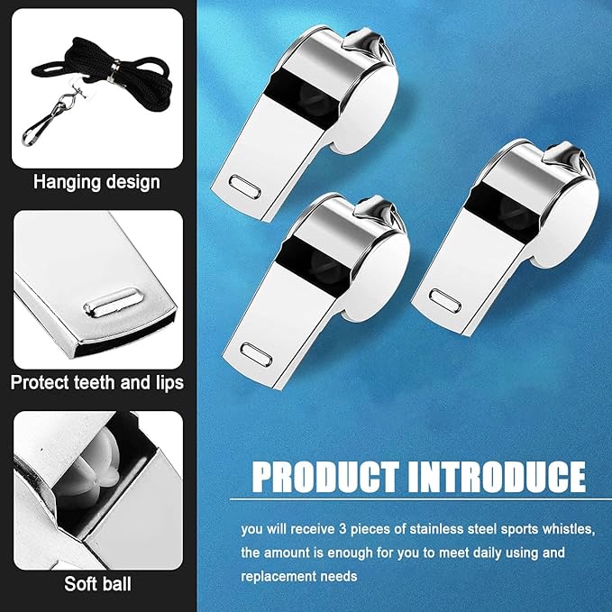 3 Pcs Whistle,Stainless Steel Sports Whistle with Lanyard for Coaches Referees Emergency Outdoor Sports