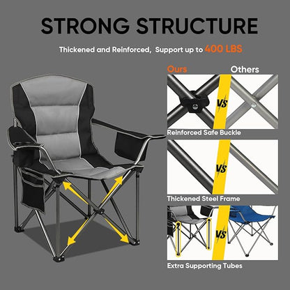 Northroad 2 Pack Oversized Camping Chair, Padded Portable Chairs Heavy Duty Camping Folding Chairs w/Cooler Bag & Cup Holder, Support 400 LBS for Outdoor, Fishing & Garden (Black & Green)