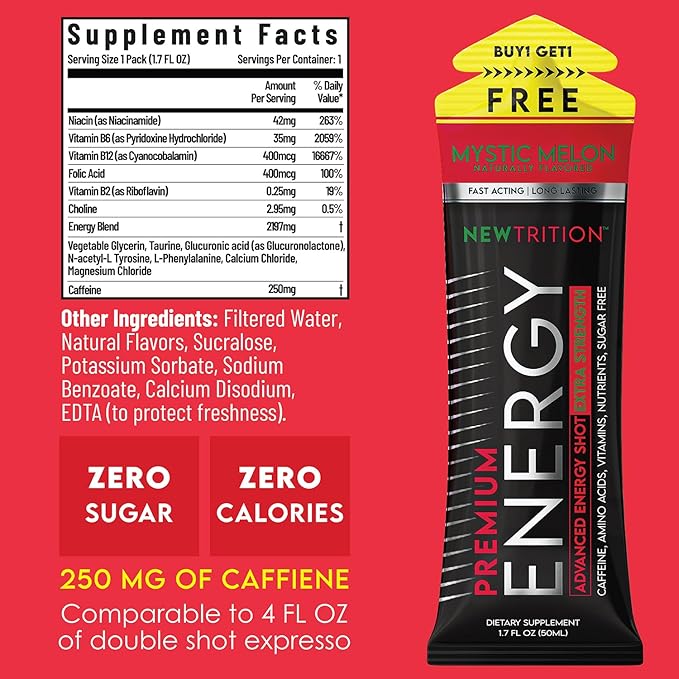 NewTrition® Extra Strength Energy Shots, 250mg Caffeine Energy Shots with Vitamin B & Amino Acids, Sugar-Free Vitamin Energy Shot, 1.7 fl oz (Pack of 6, Mystic Melon)