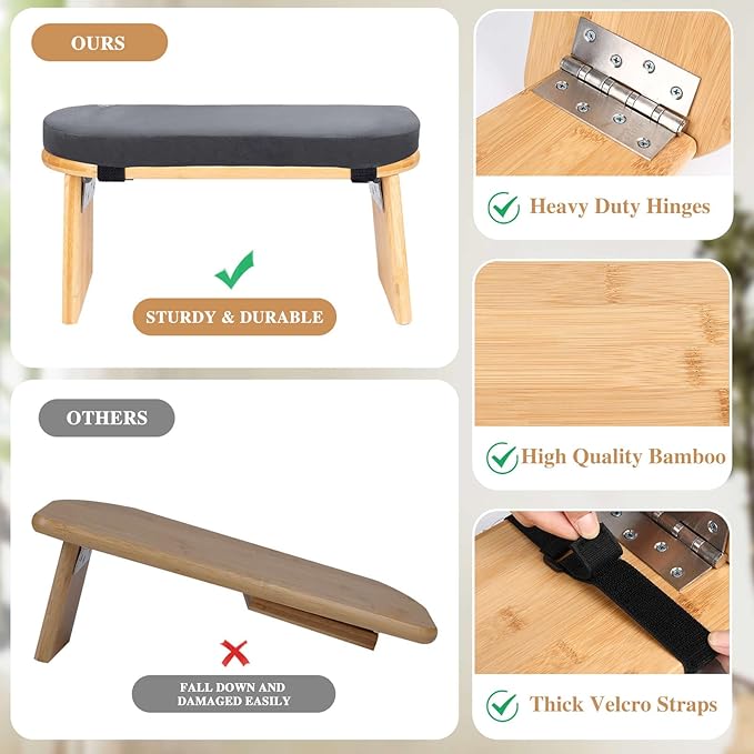 Meditation Bench with Cushion Foldable Ergonomic Bamboo Kneeling Stool Seiza Bench Wooden Meditation Stool Chair Zen Lotus Yoga Stool Floor Sitting Prayer Bench Removable Pillow