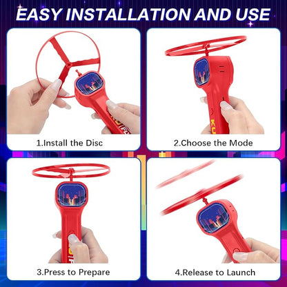 Rechargeable Disc Launcher with 6 Flying Spinners for Outdoor Activities Game White Elephant Gift Fidget Toys (Red)
