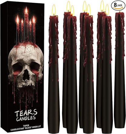 8 Pack Halloween Bleeding Candles, Black Vampire Tears Taper Candles Spooky Blood Drip Candles Set for Halloween Party Gothic Home Vampire Theme Rituals Decoration