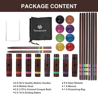 28In Croquet Party Set for 8 Players - Made of Long-Lasting Pine Wood, Family Fun for Backyards, Camping and More, Comes with Colorful Mallets, PE Balls, Wickets, Stakes, and Carrying Bag