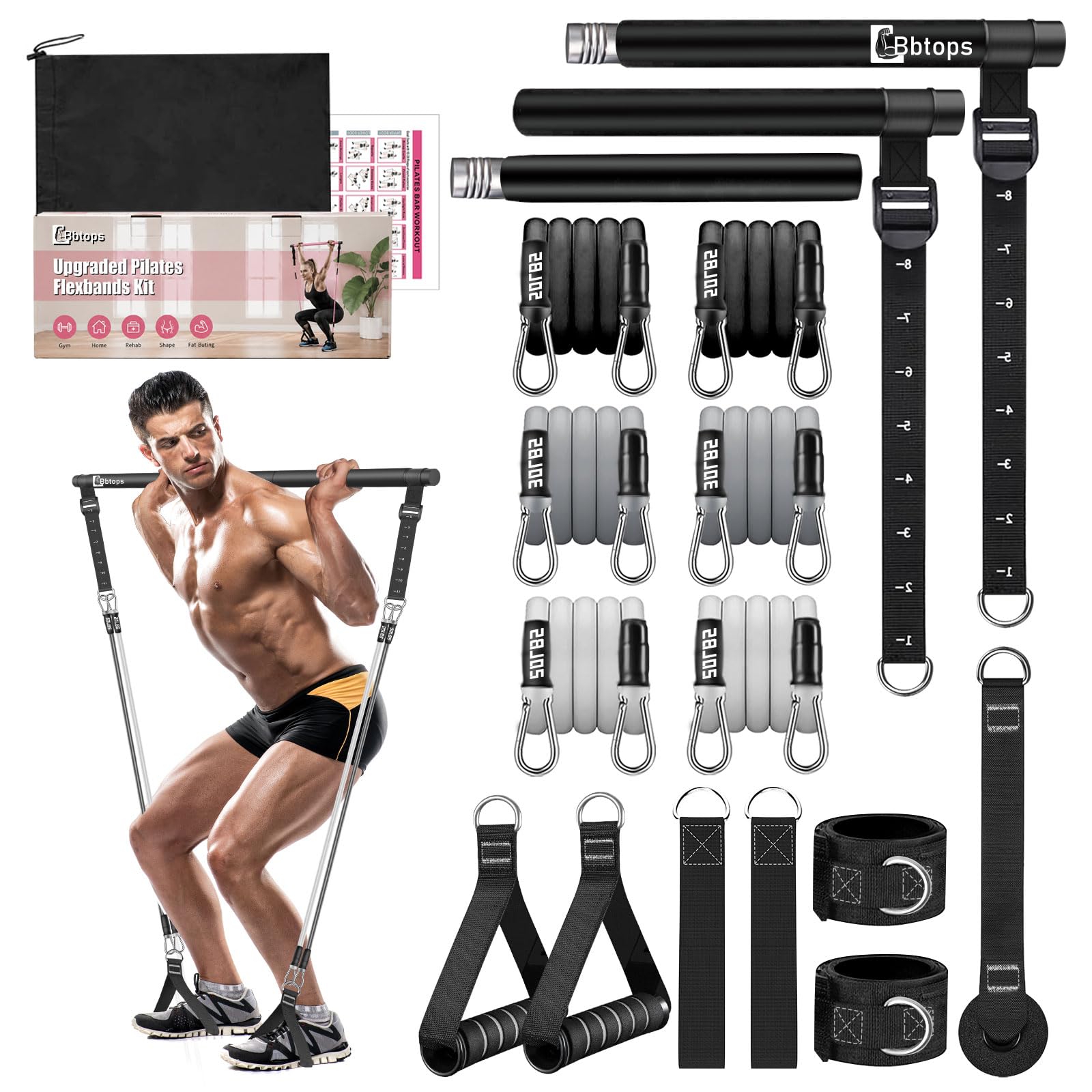 Bbtops Pilates Bar Kit with 6 Resistance Bands for Women & Men Black