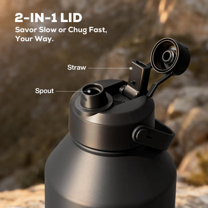 POWCAN 64 oz Insulated Water Bottle for Sports: 2-in-1 Straw & Spout Lid, Leakproof, Carrier Bag