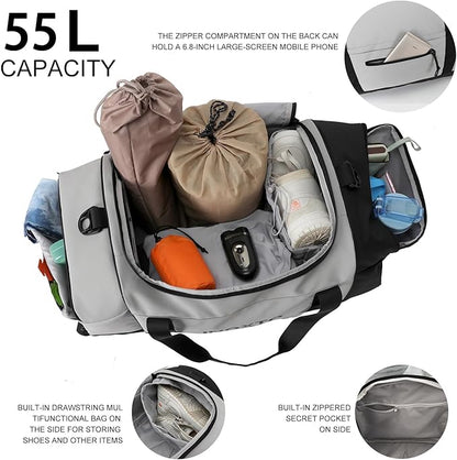 Sports Gym Bag，INOXTO Travel Duffel Bag with Dry Wet Pocket And Shoe CompartmentFor Women and Men，40L/55L Fitness Waterproof Weekender Bag For Swim Sports Travel Working Out (Gray, 55L)