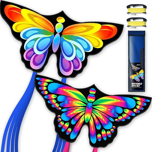 2 Pack Butterfly Kites, for Kids and Adults, Easy to Fly for Beginners, 55" x 27" with Vibrant Print and Winder, Perfect for Beach, Park, Backyard Flying & Family Outdoor Activities