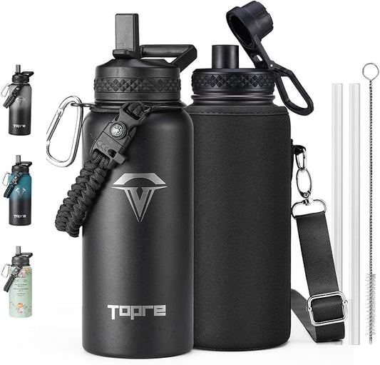 32oz Insulated Water Bottle,Stainless Steel Vacuum Water Bottle, BPA-Free & Leakproof -with Paracord Handle,Strap,Straw Spout Lids,Large Water Jug for Gym Sports