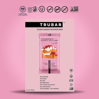 TRUBAR Vegan Protein Bar, Strawberry Shorty Got Cake, Gluten Free, Plant Based Protein, Dairy Free, Non GMO, Soy Free, No Sugar Alcohols, 12G Protein, 12G Fiber, 23G Carb, On the Go Snack Bars, 12 CT