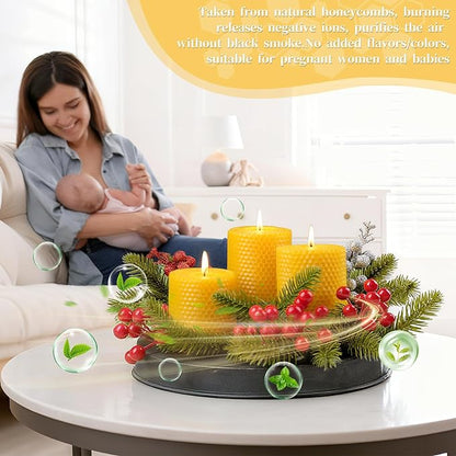 3 Pack Natural Beeswax Pillar Candles,2.8x4in Handmade Beeswax Rolled Candles,96 Hours Long Burning Honeycomb Bees Wax Candle for Gift & Home Decor,Dripless Smokeless Unscented