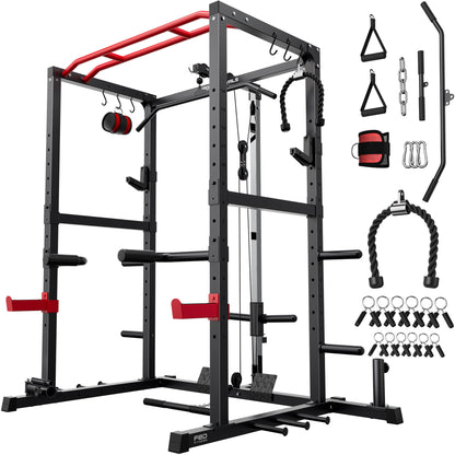 SPORTSROYALS Squat Rack, 1200 lb Power Cage with LAT Pulldown for Home Gym