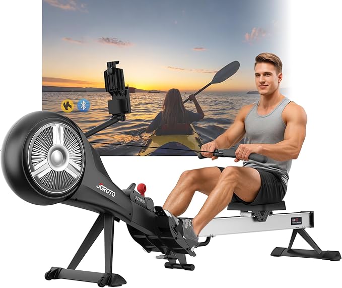 JOROTO Rowing Machine for Home Foldable, Air Magnetic Rowing Machines with 10-Level Adjustable Resistance, Quiet Ergonomic Seat，Bluetooth App, Max 350LBS, Space-Saving Home Gym, Gray