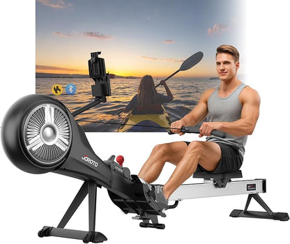 JOROTO Rowing Machine for Home Foldable, Air Magnetic Rowing Machines with 10-Level Adjustable Resistance, Quiet Ergonomic Seat，Bluetooth App, Max 350LBS, Space-Saving Home Gym, Gray