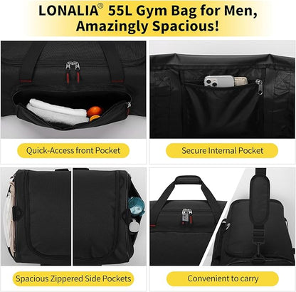 55L Sports Gym Duffle Bag for Men - 22 inch Large Duffel bag for Workout, Travel, Weekender, Fitness (Black)