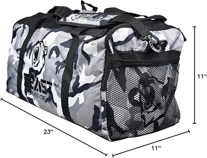 Unisex Duffel Bag Gray Camo, Extra Roomy Waterproof Gym Bag For Women with Shoe Compartment, Sports Bag with Zippered Pockets, Adjustable Strap