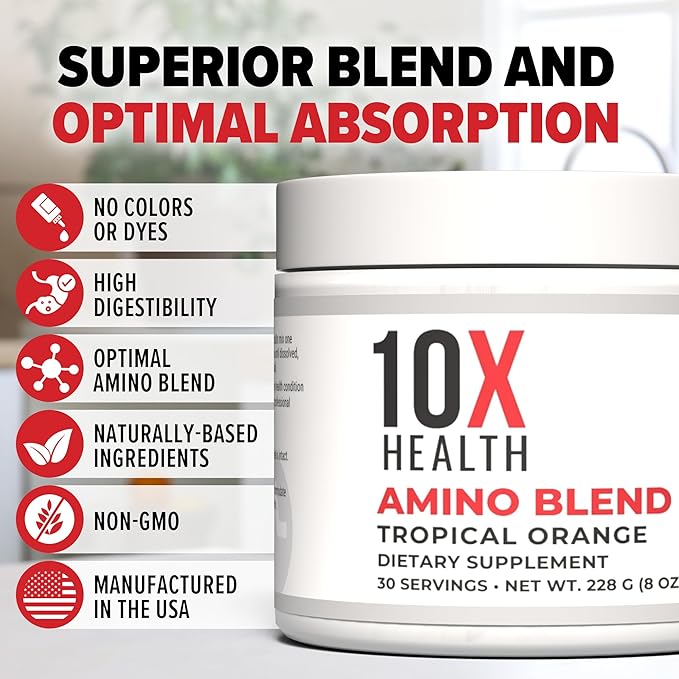 10X Health Amino Blend Pre Workout Powder for Men - Tropical Orange Flavor - EAA & BCAA Powder Amino Acids Supplement for Energy, Muscle Strength & Performance ??Pre and Post Workout - 30 Servings