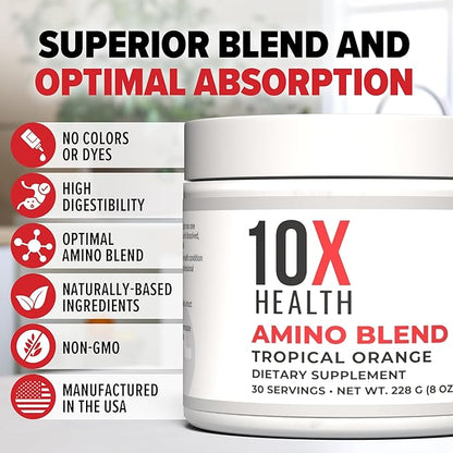 10X Health Amino Blend Pre Workout Powder for Men - Tropical Orange Flavor - EAA & BCAA Powder Amino Acids Supplement for Energy, Muscle Strength & Performance ??Pre and Post Workout - 30 Servings