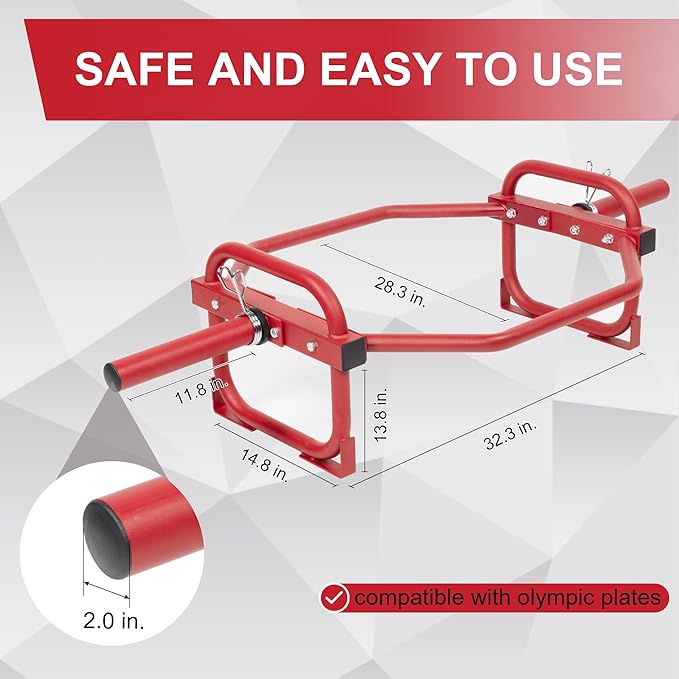 Olympic 2-Inch Hex Weight Lifting Trap Bar for Strength Training, 500-Pound Capacity, Safety Clips, Home Gym for Shoulder Presses, Shrugs, Back Rows