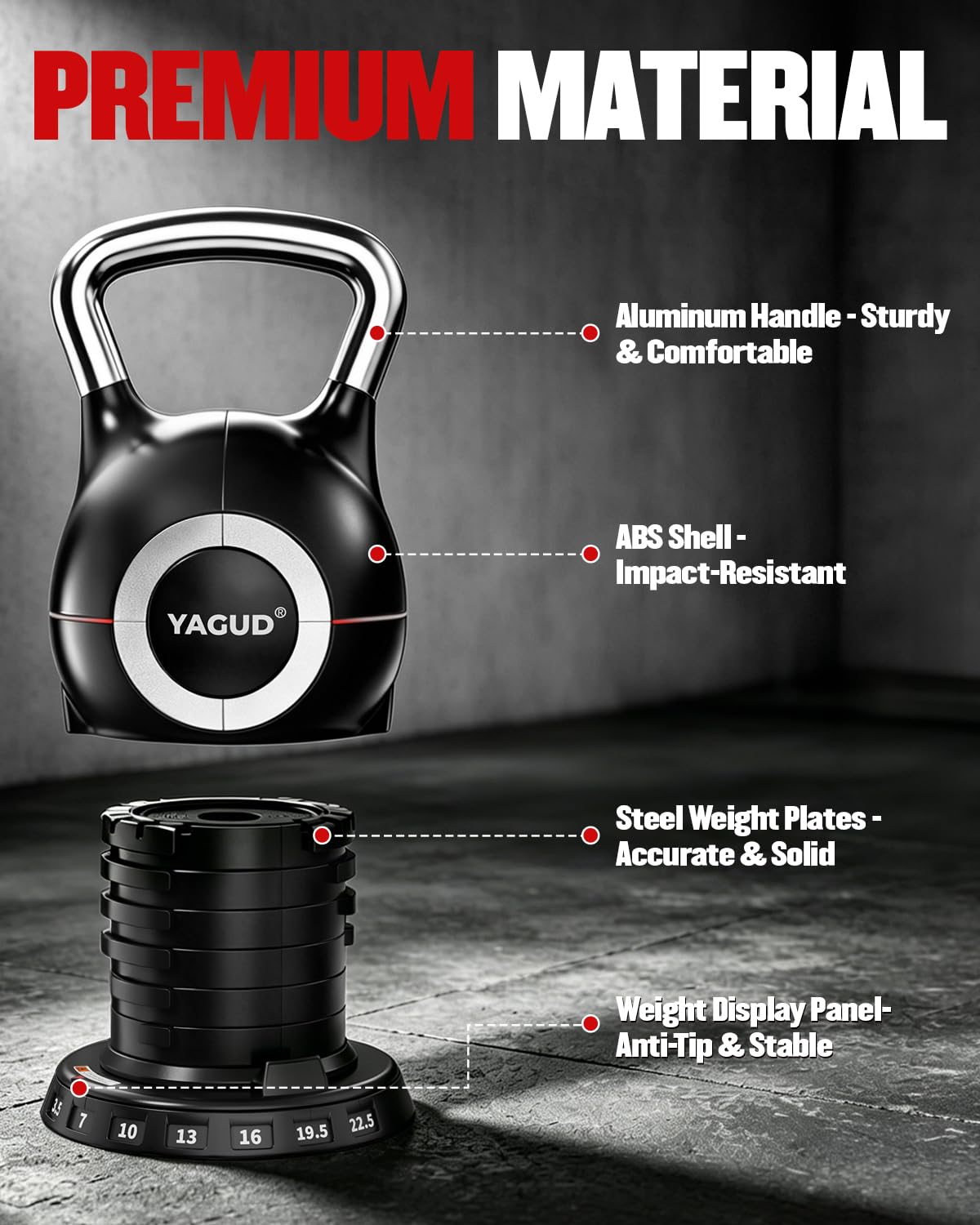 Yagud Adjustable Kettlebell for Strength Training, Quick-Change 3.5-22.5lbs Kettle Bells Weights