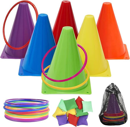 Carnival Games Combo Set 3 in 1, 31PCS Soft Plastic Cones Bean Bags Ring Toss Game with Carrying Bag, Gift for Outdoor Birthday Party/Xmas