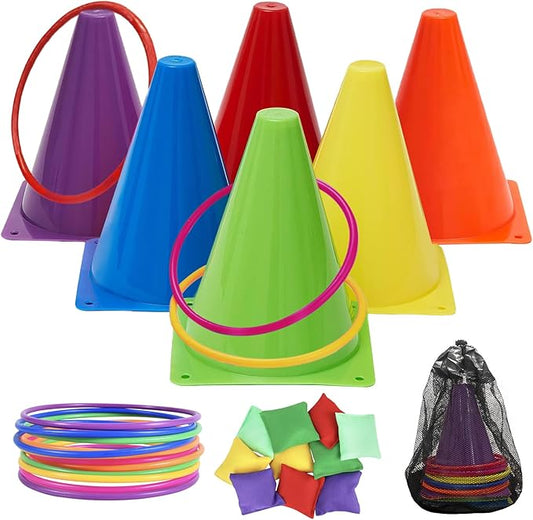 Carnival Games Combo Set 3 in 1, 31PCS Soft Plastic Cones Bean Bags Ring Toss Game with Carrying
